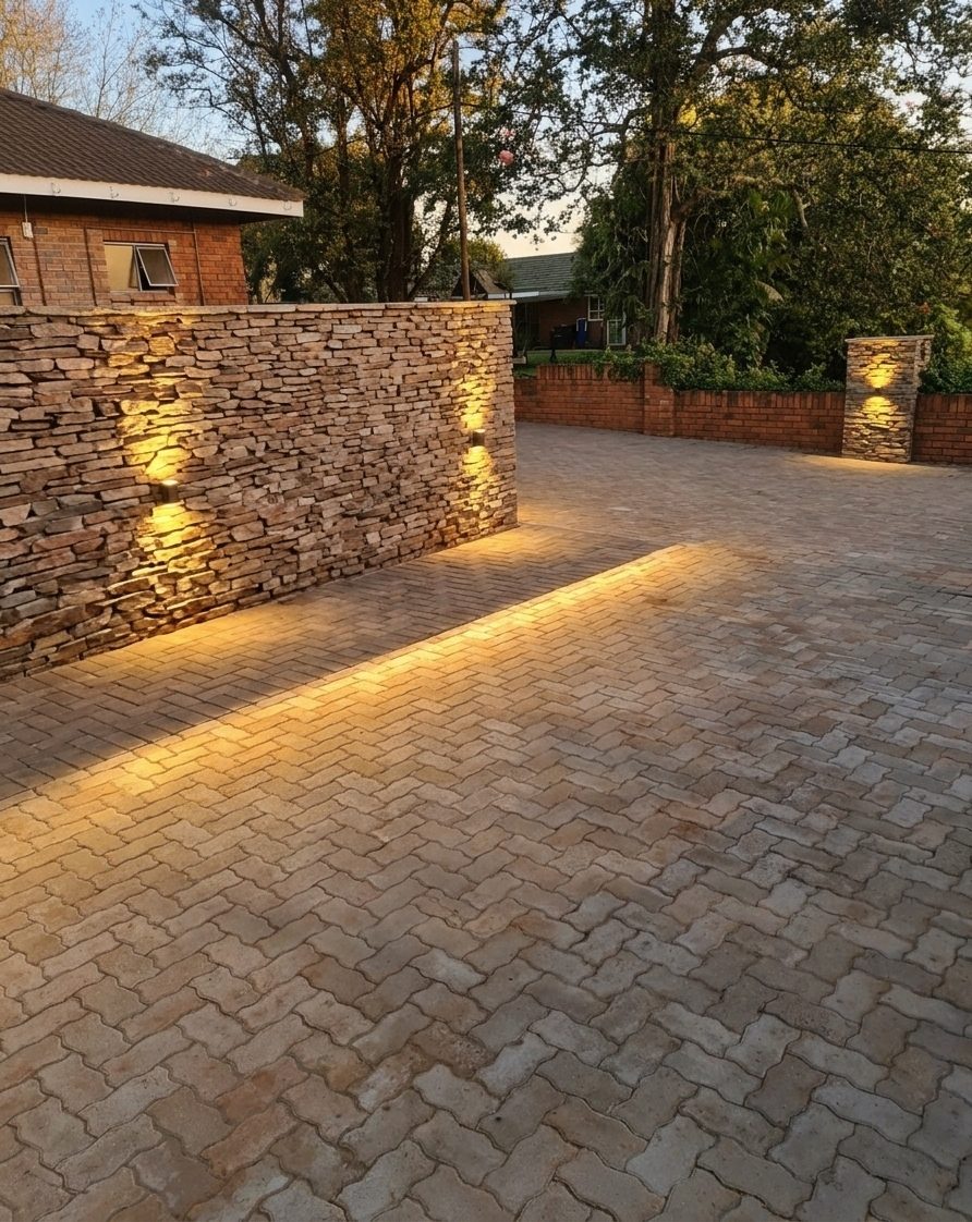 Stacked-stone boundary wall with warm accent lighting along a paved driveway