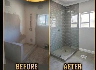 Before and after of a bathroom renovation with new tiled glass shower