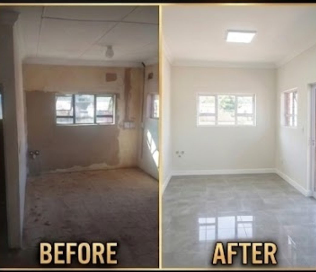 Before and after of a room renovated with fresh plaster, paint and tiled floor